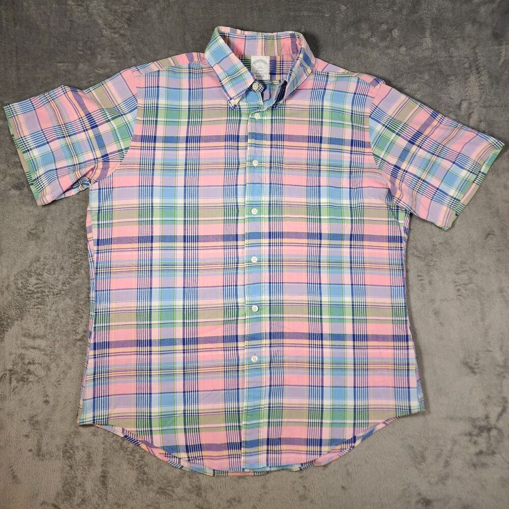 Brooks Brothers Men's Large Regent Fit Madras Plaid Short Sleeve Button Up Shirt